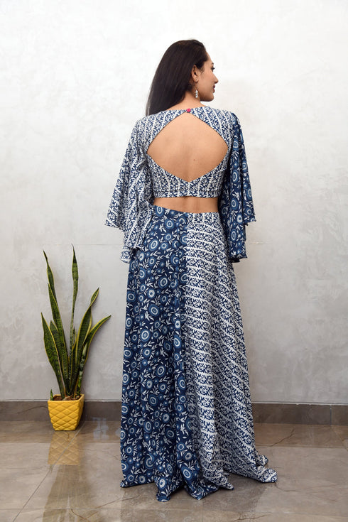 AAHELI NAVY PRINTED COTTON TOP & SKIRT SET AAHELI NAVY PRINTED COTTON TOP & SKIRT SET